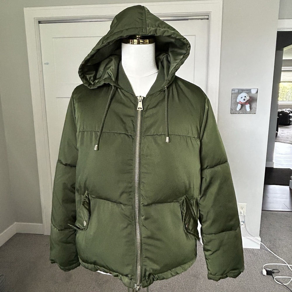 Topshop Womens Olive Green Hooded Puffer Jacket US 8 Gold Zip Coat